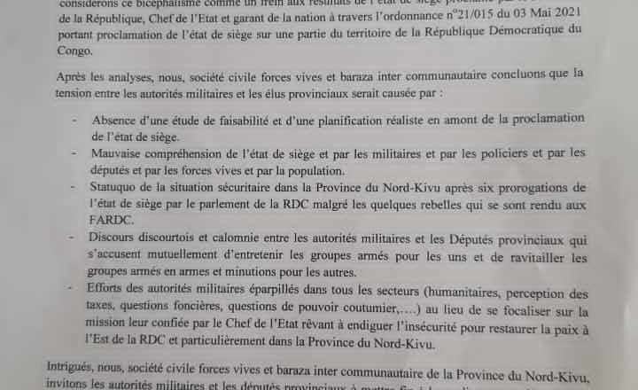 État de siège au Nord-Kivu : les forces vives et le baraza intercommunautaire de la province arbitrent le bicépalisme entre l’armée et les députés provinciaux