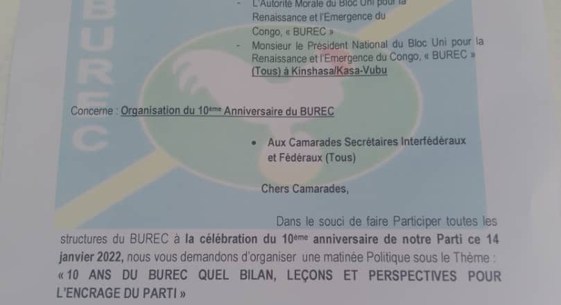 RDC : “Des matinées politiques du BUREC annoncées sur toute l’étendue du pays, à l’occasion de ses 10 ans d’existence” (Note circulaire)