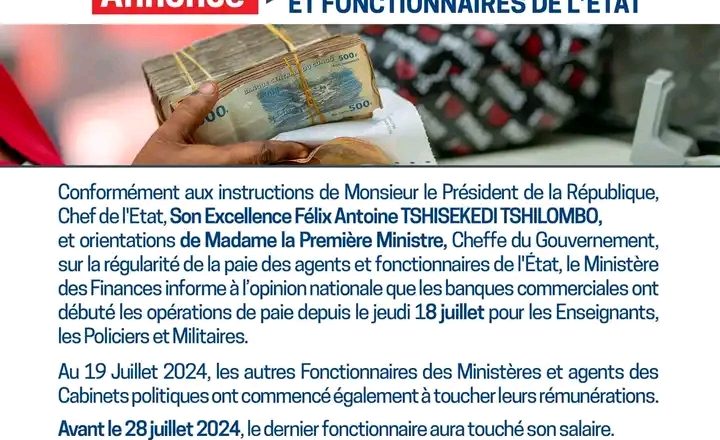 Officiel : le Ministre des Finances régularisera la paie des agents de l’État en RDC